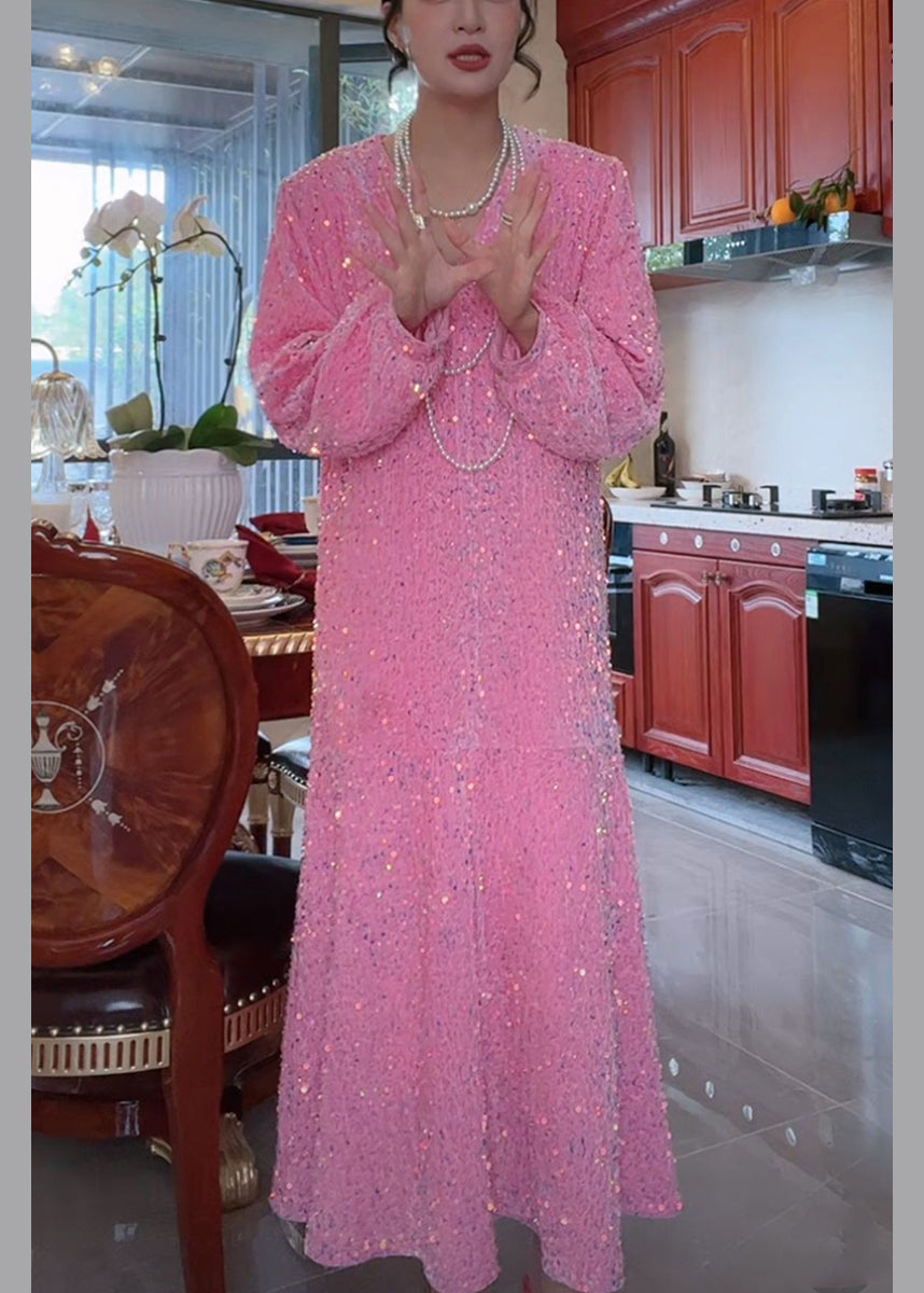 Classy Pink V Neck Sequins Velour A Line Maxi Dress Spring