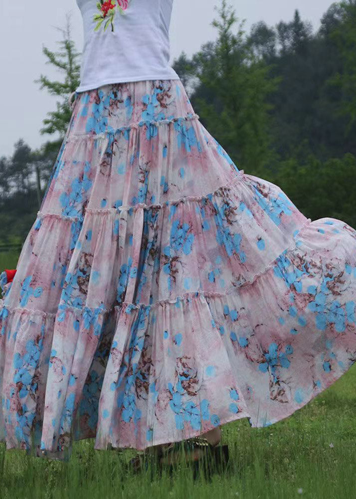 Classy Pink Wrinkled Print Patchwork Exra Large Hem Cotton Skirts Summer