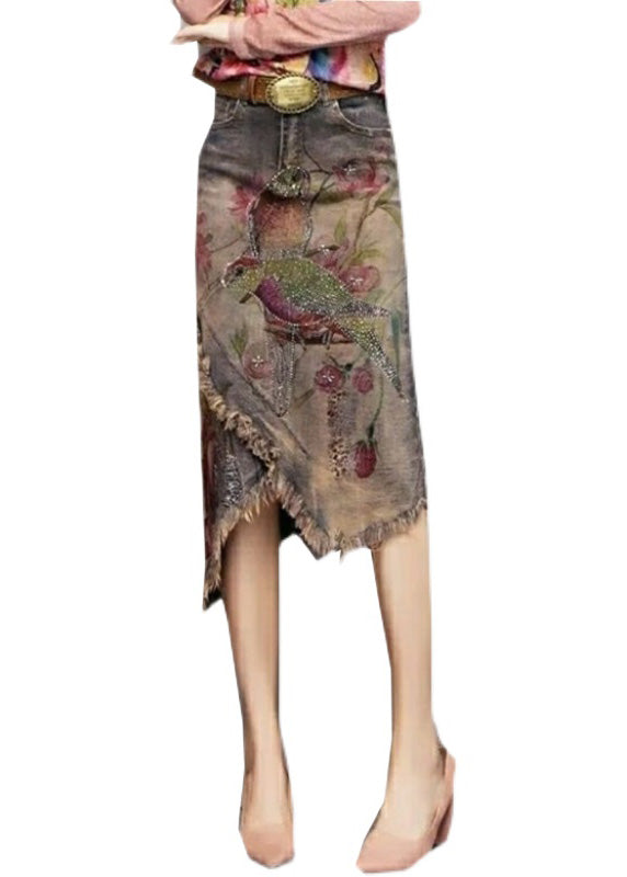 Classy Print Sashes Asymmetrical Denim Skirts