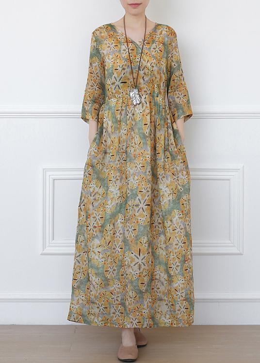 Classy Print V Neck Vacation Summer Linen Dress - Omychic