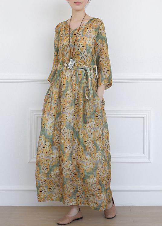 Classy Print V Neck Vacation Summer Linen Dress - Omychic
