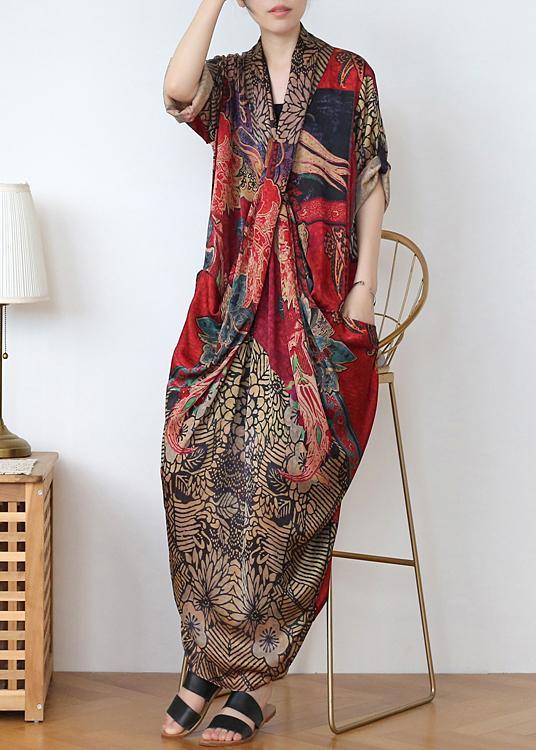 Classy Print V Neck long sleeve Holiday Summer Chiffon Dress - Omychic