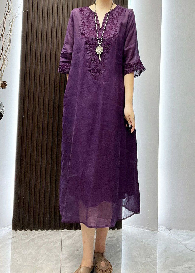 Classy Purple Embroideried Patchwork Linen Dress Two Pieces Set Summer
