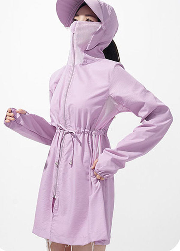 Classy Purple Hooded Pockets Drawstring Patchwork Ice Silk UPF 50+ Coat Summer