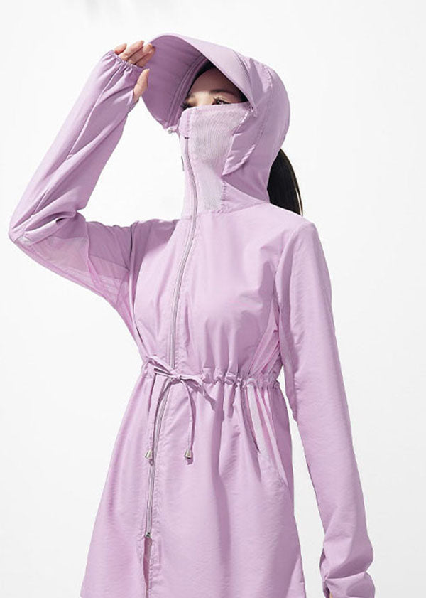 Classy Purple Hooded Pockets Drawstring Patchwork Ice Silk UPF 50+ Coat Summer