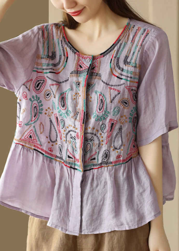 Classy Purple O-Neck Embroideried Patchwork Linen Blouse Tops Summer