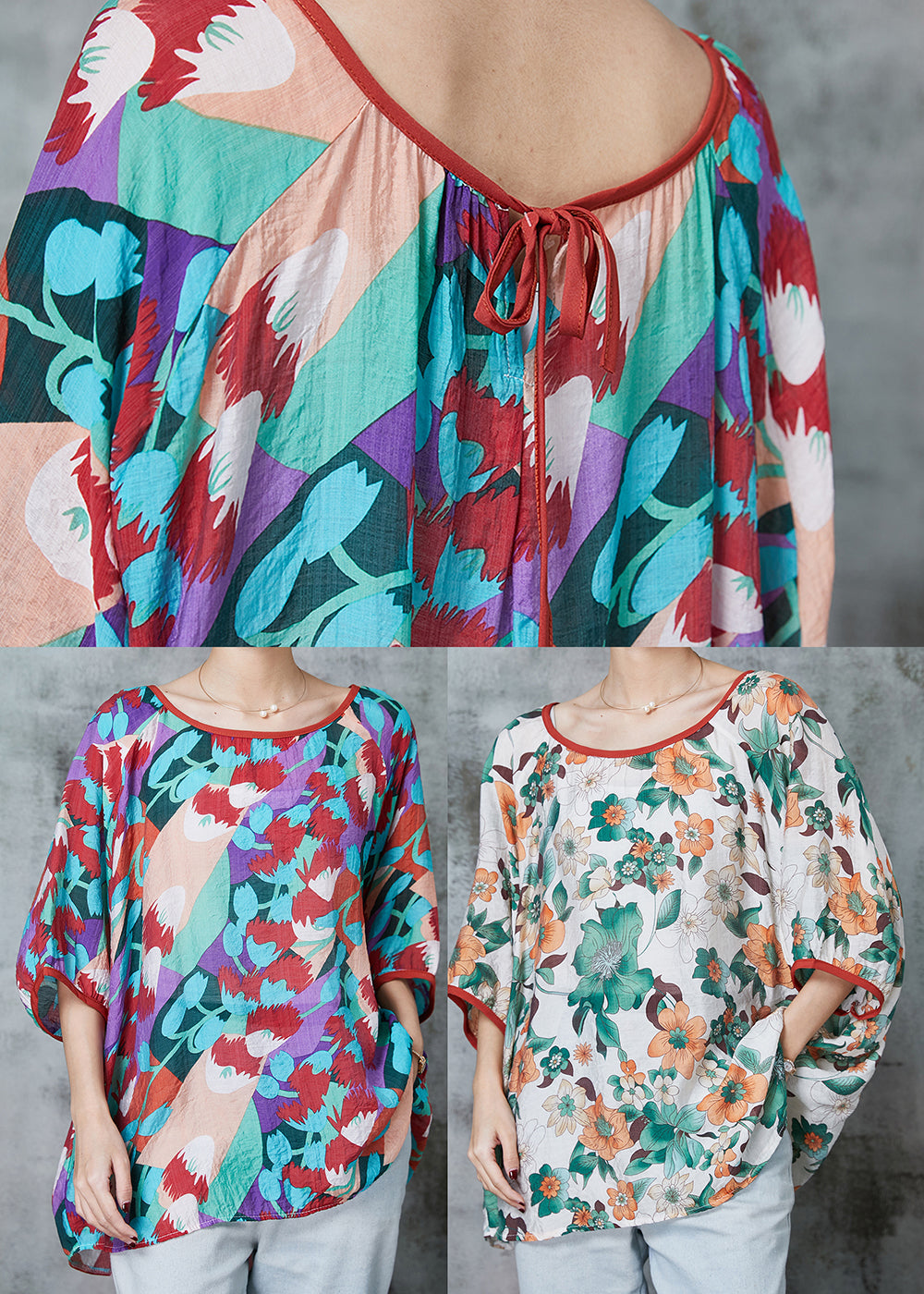 Classy Purple Oversized Print Cotton Blouse Tops Summer