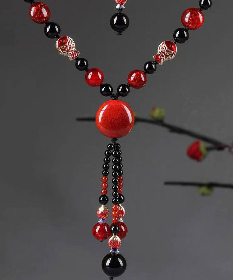 Classy Red Agate Coloured Glaze Cloisonne Pendant Necklace