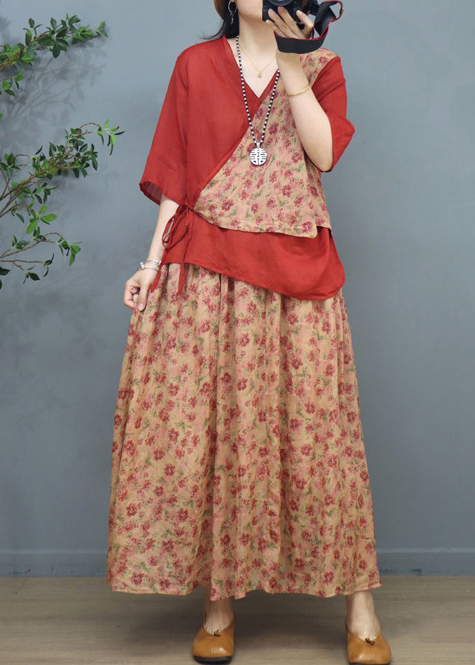 Classy Red Asymmetrical Print Patchwork Cotton Two Pieces Set Summer