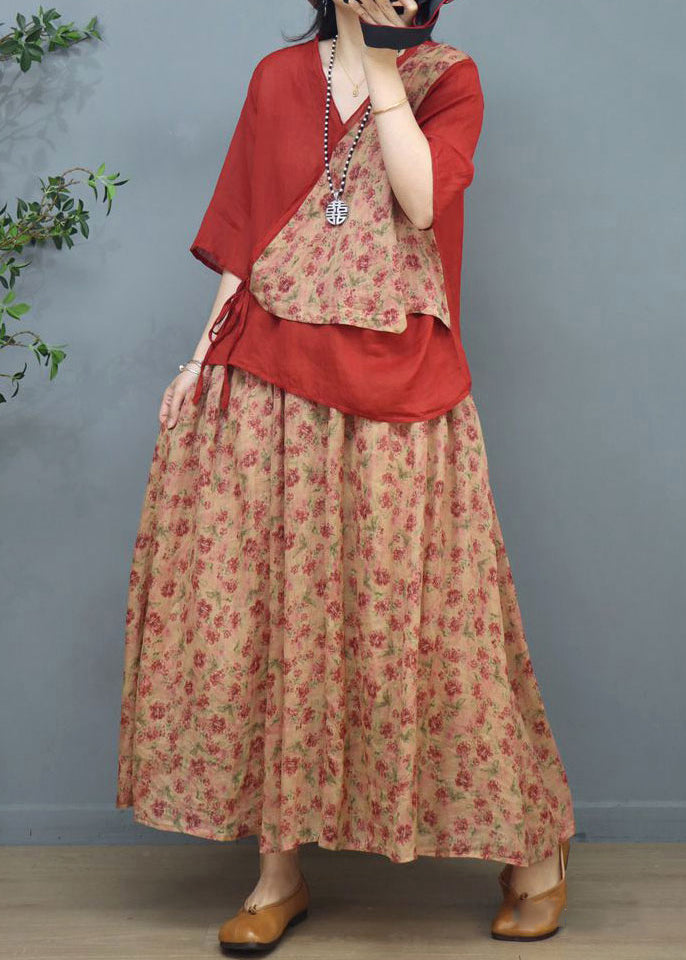 Classy Red Asymmetrical Print Patchwork Cotton Two Pieces Set Summer