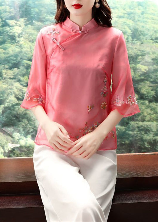 Classy Red Embroideried Chines Button Patchwork Chiffon Top Half Sleeve