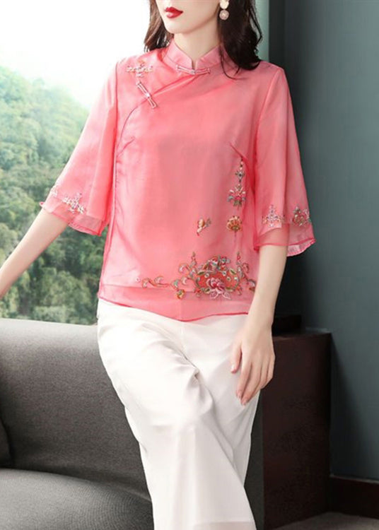 Classy Red Embroideried Chines Button Patchwork Chiffon Top Half Sleeve