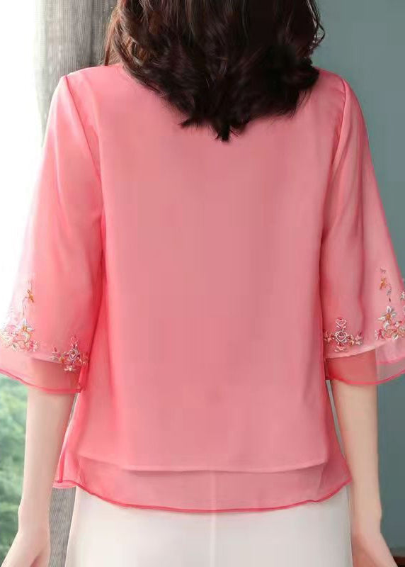 Classy Red Embroideried Chines Button Patchwork Chiffon Top Half Sleeve