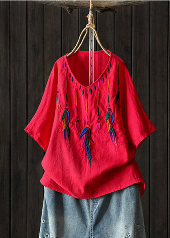 Classy Red Embroideried low high design V Neck Linen Shirt Top Short Sleeve