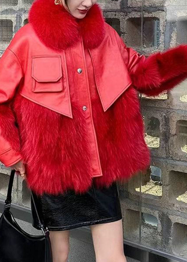 Classy Red Fur Collar Patchwork Faux Fur Jackets Winter