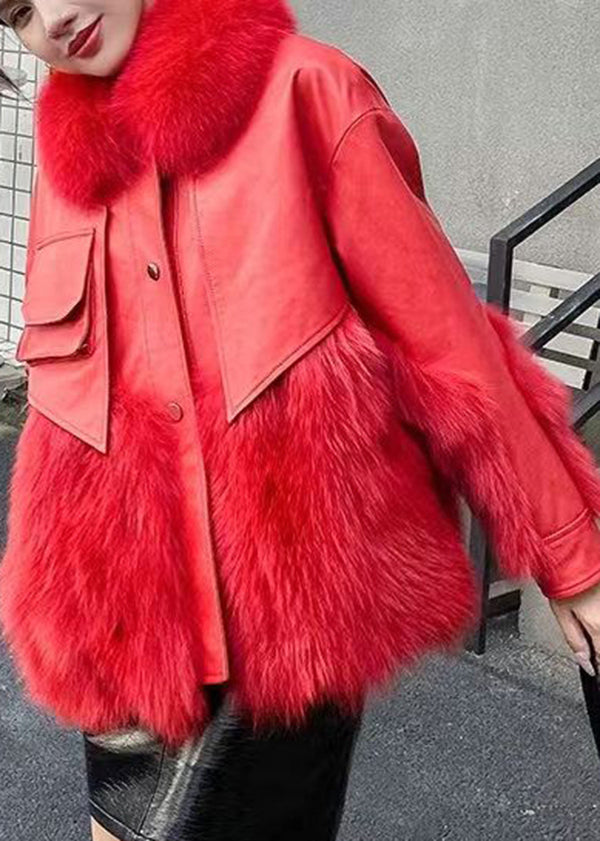 Classy Red Fur Collar Patchwork Faux Fur Jackets Winter