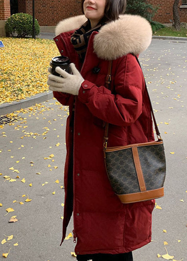 Classy Red Hooded Fur Collar Thick Duck Down Jacket In Winter