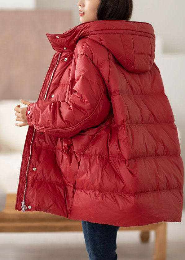 Classy Red Hooded Oversized Drawstring Duck Down Down Coat Winter