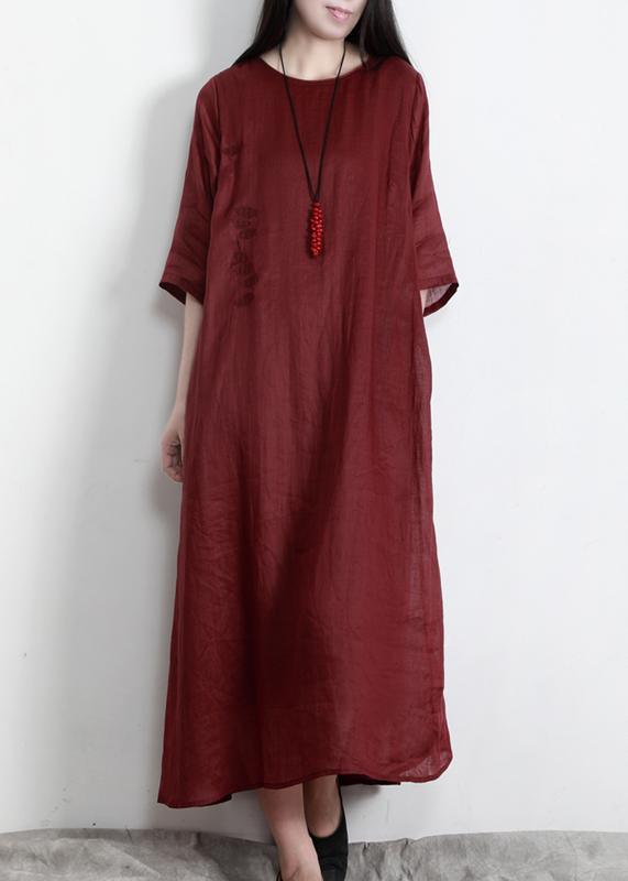 Classy Red O-Neck Linen Half Sleeve Summer Dresses - Omychic
