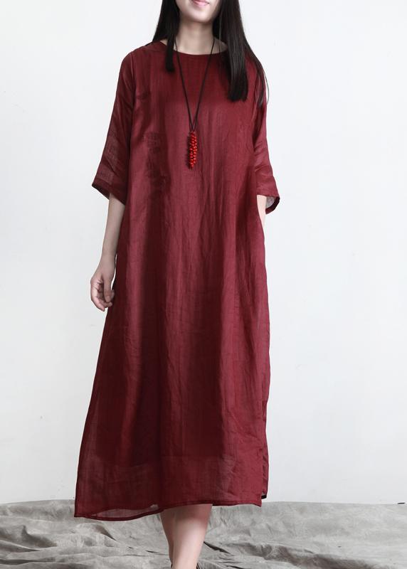 Classy Red O-Neck Linen Half Sleeve Summer Dresses - Omychic