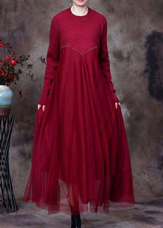 Classy Red O-Neck asymmetrical design Fall Knit Dress - Omychic