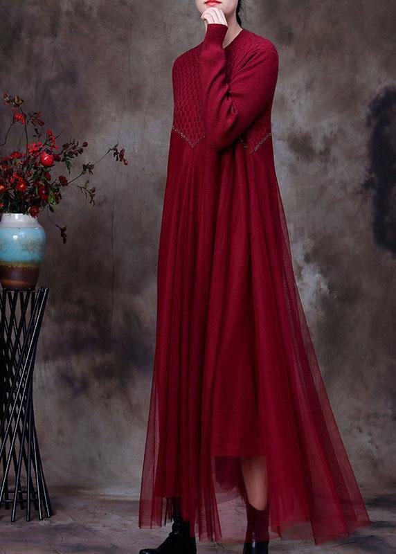 Classy Red O-Neck asymmetrical design Fall Knit Dress - Omychic