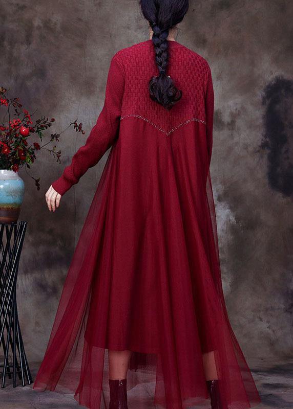 Classy Red O-Neck asymmetrical design Fall Knit Dress - Omychic