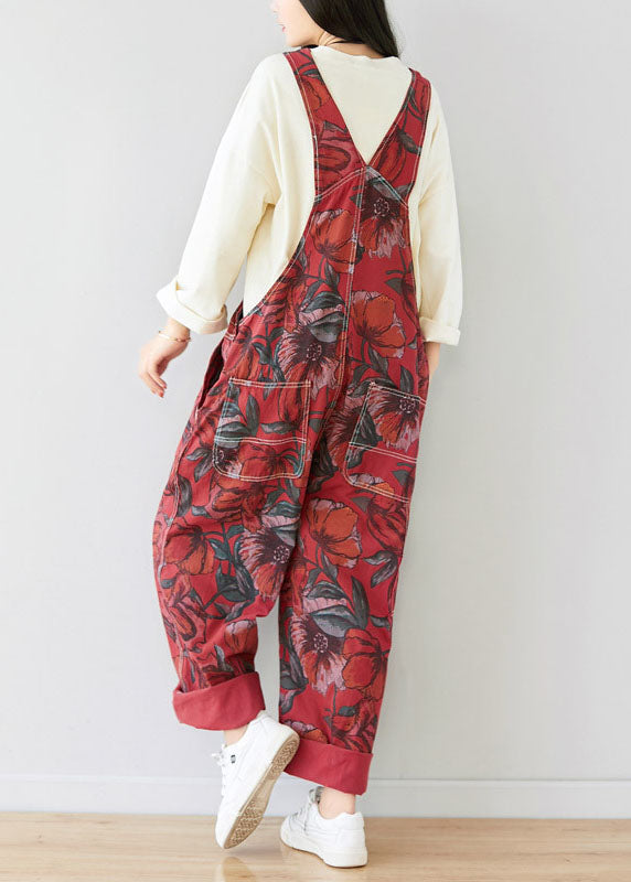 Classy Red Oversized Print Original Design Cotton Jumpsuit Spring