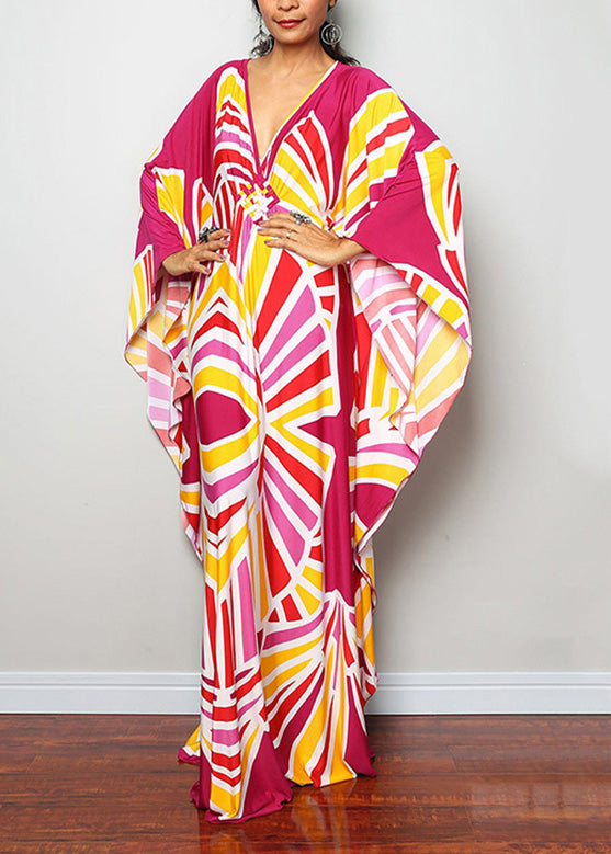 Classy Red Pink Striped V Neck Long Dresses Long Sleeve