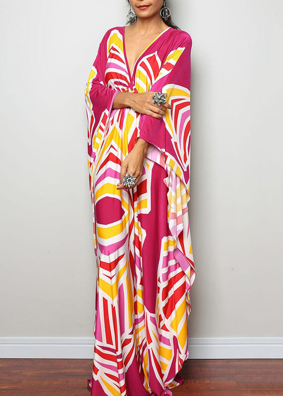 Classy Red Pink Striped V Neck Long Dresses Long Sleeve