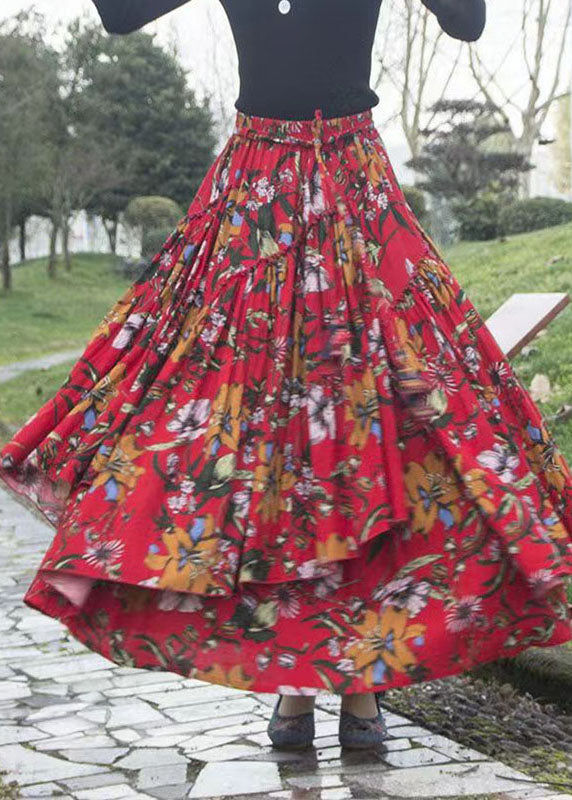 Classy Red Ruffled Patchwork Floral Tie Waist A Line Skirt