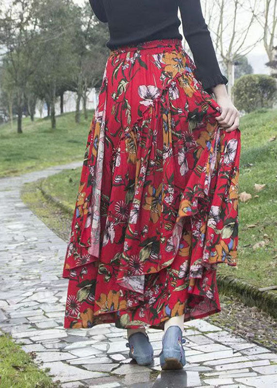 Classy Red Ruffled Patchwork Floral Tie Waist A Line Skirt