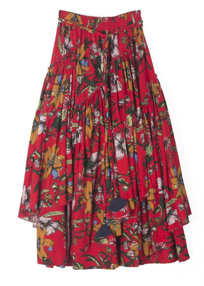 Classy Red Ruffled Patchwork Floral Tie Waist A Line Skirt