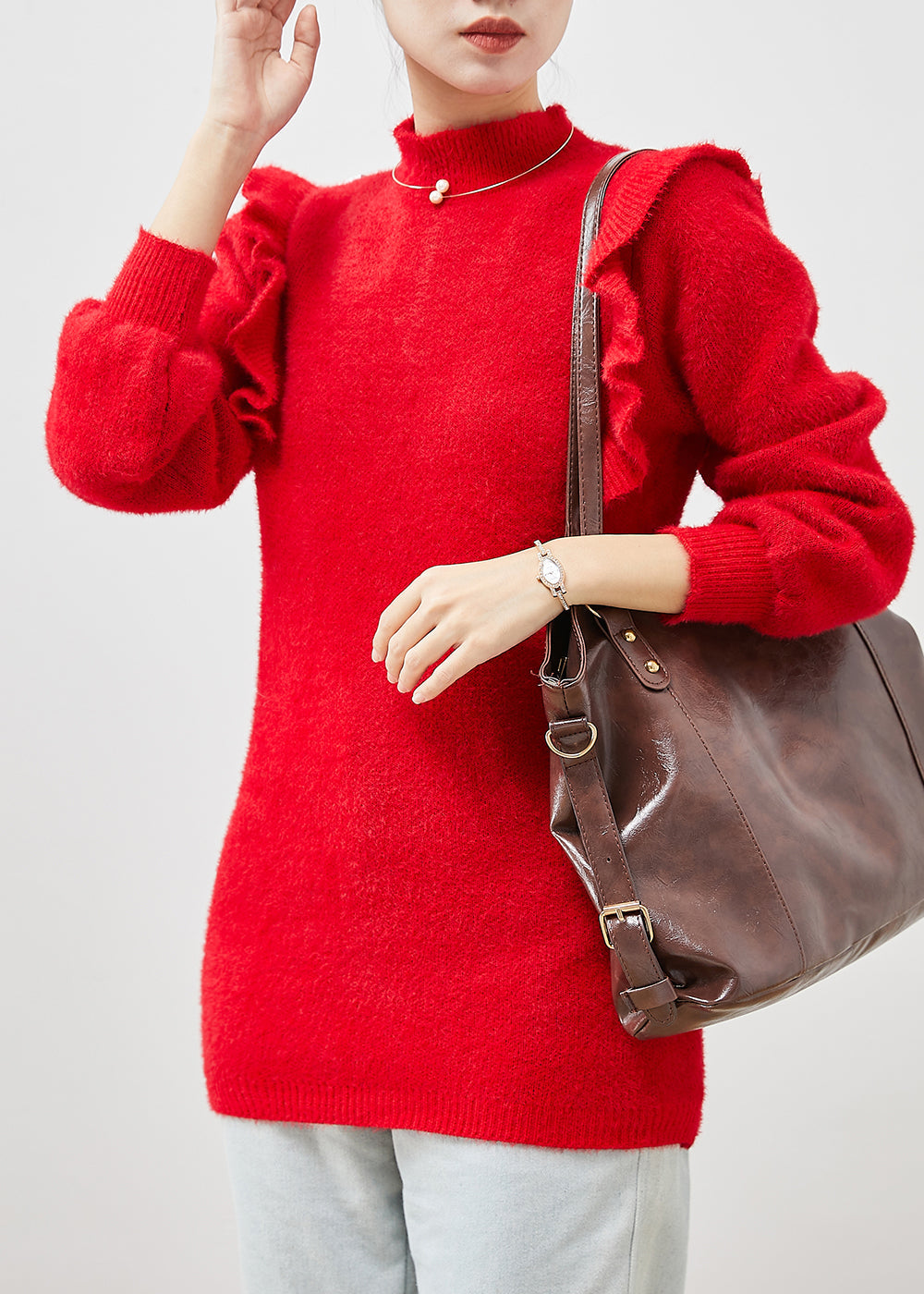 Classy Red Ruffled Patchwork Thick Knit Short Sweater Winter