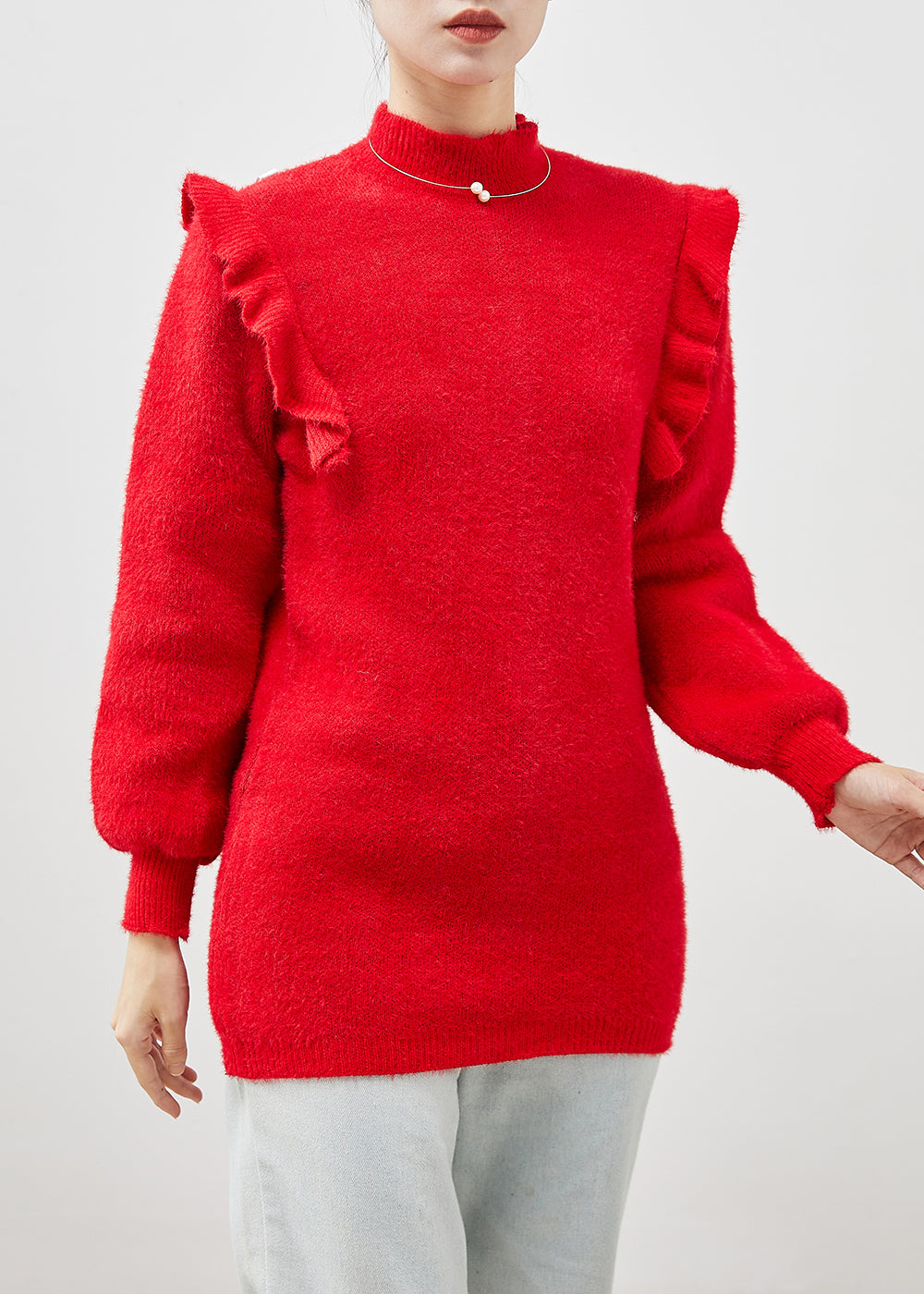 Classy Red Ruffled Patchwork Thick Knit Short Sweater Winter