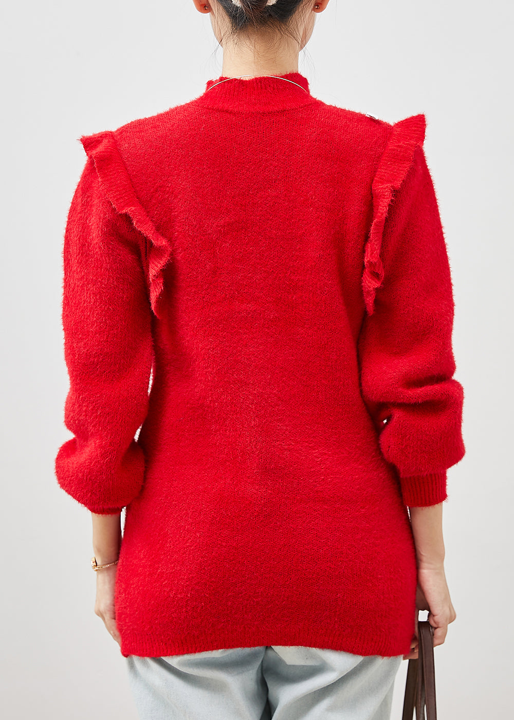 Classy Red Ruffled Patchwork Thick Knit Short Sweater Winter