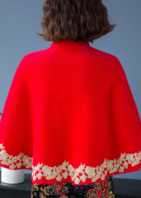 Classy Red Stand Collar Embroideried Patchwork Mink Velvet Coats Fall