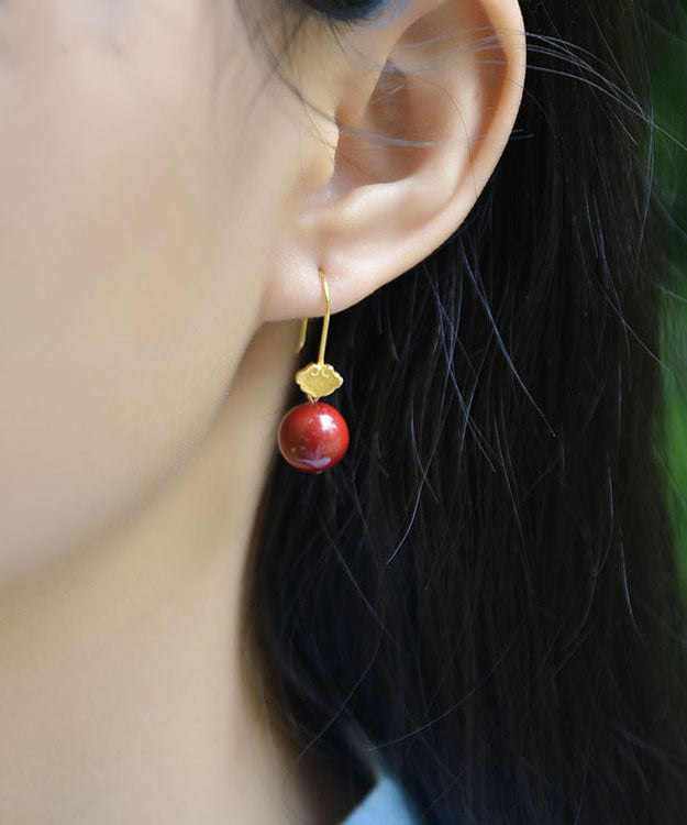 Classy Red Sterling Silver 18K Gold Cinnabar Drop Earrings