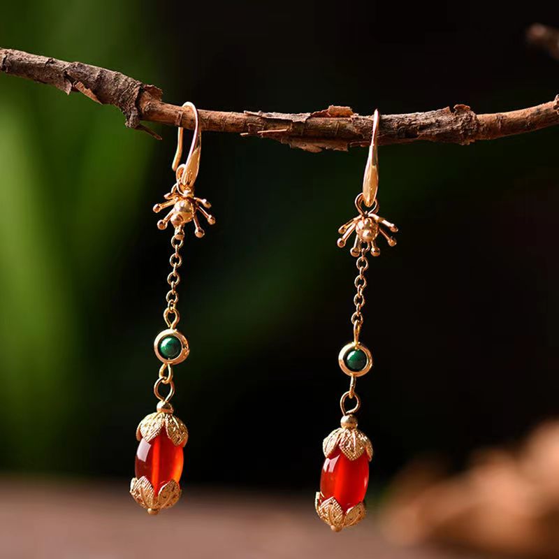 Classy Red Sterling Silver Overgild Agate Tassel Drop Earrings