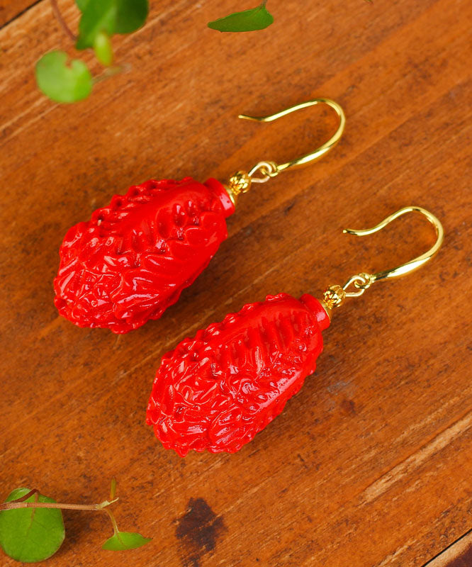 Classy Red Sterling Silver Overgild Cinnabar Chinese Cabbage Drop Earrings