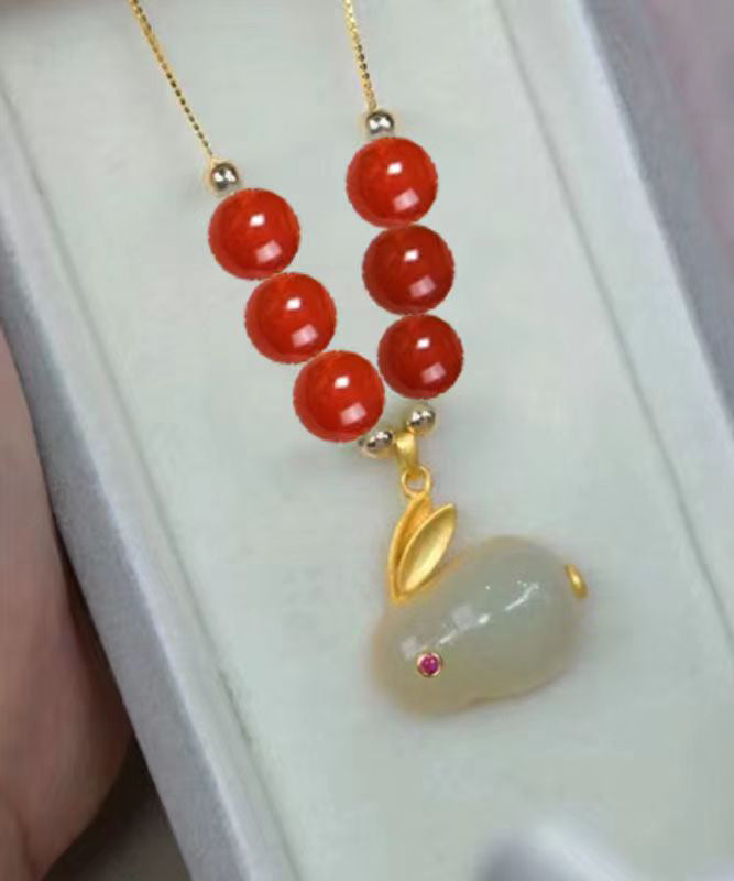 Classy Red Sterling Silver Overgild Jade Agate Pendant Necklace