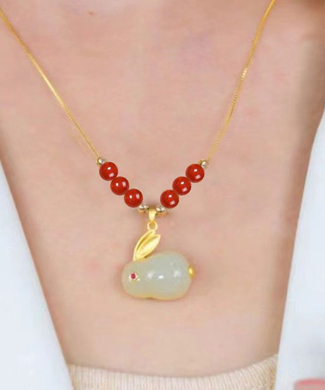 Classy Red Sterling Silver Overgild Jade Agate Pendant Necklace