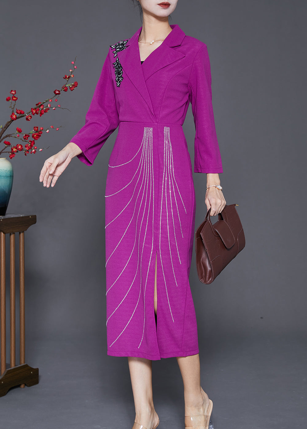 Classy Rose Notched Collar Zircon Cotton Maxi Dresses Fall