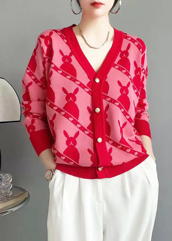 Classy Rose V Neck Button Jacquard Woolen Cardigan Fall