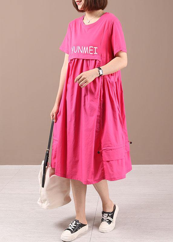 Classy Rose Wrinkled Pockets Summer Cotton Maxi Dress Short Sleeve - Omychic