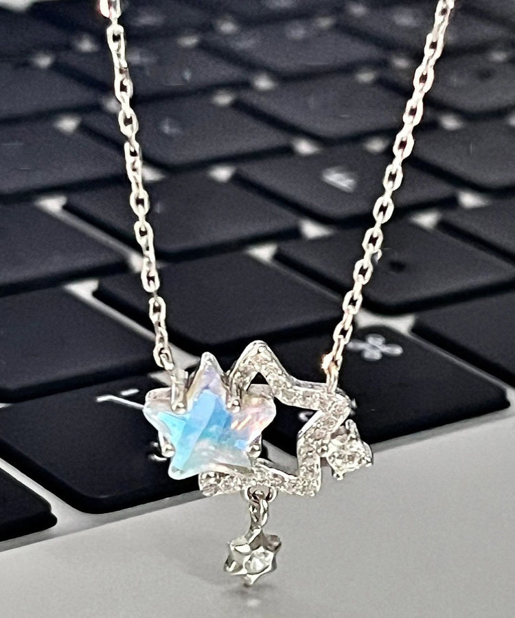 Classy Silk Sterling Silver Zircon Coloured Glaze Hollow Out Stars Pendant Necklace