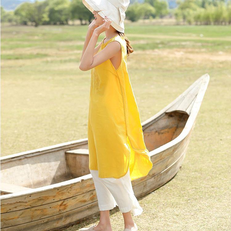 Classy Sleeveless embroidery linen Long Shirts Pakistani Fashion Ideas yellow shift Dresses summer - Omychic