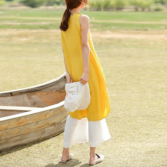 Classy Sleeveless embroidery linen Long Shirts Pakistani Fashion Ideas yellow shift Dresses summer - Omychic