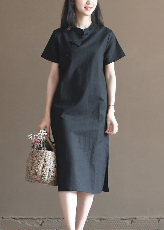 Classy Solid Black Stand Collar Oriental Button Cotton Linen Cheongsam Dresses Short Sleeve