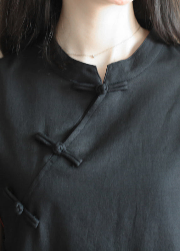 Classy Solid Black Stand Collar Oriental Button Cotton Linen Cheongsam Dresses Short Sleeve